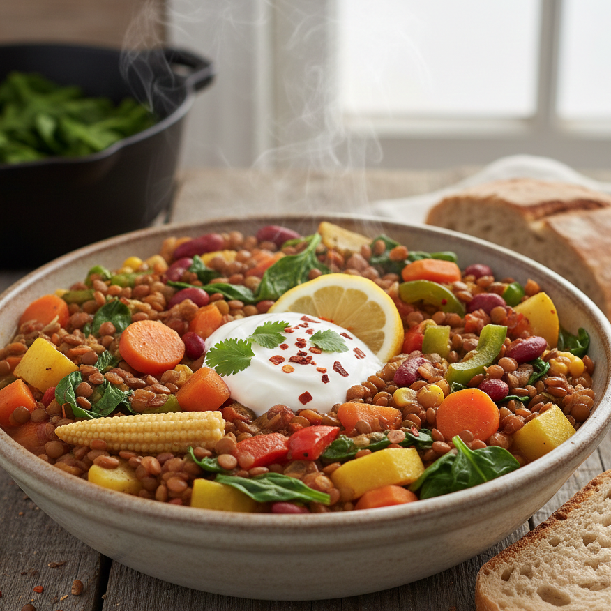 وعاء عميق من يخنة العدس الساخنة المليئة بقطع الجزر، البطاطس، الذرة الصغيرة، وأوراق السبانخ، تعلوها كريمة حامضة وليمون، بجانب قطع خبز ريفي