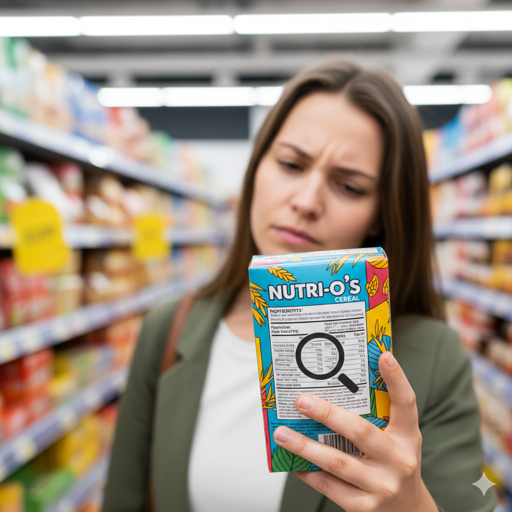 امرأة تدقق في بطاقة المكونات والحقائق الغذائية لمنتج في السوبر ماركت.