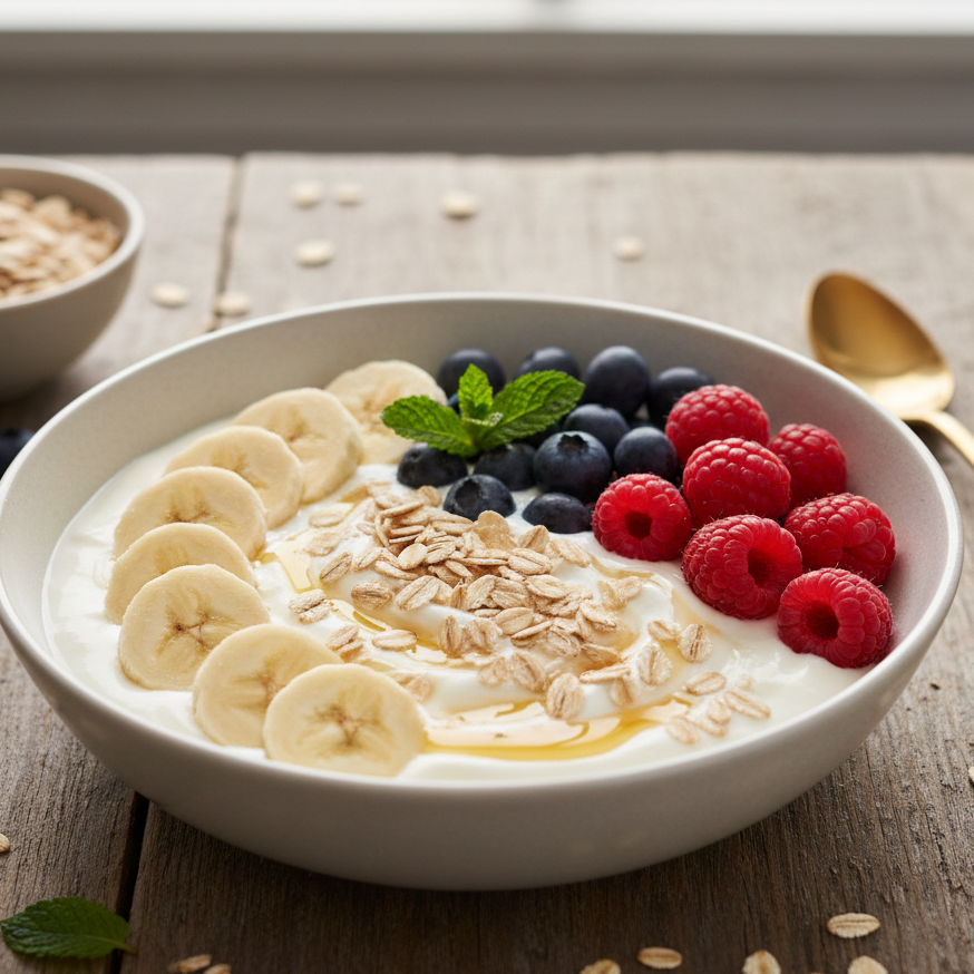 طبق إفطار صحي يحتوي على زبادي بروبيوتيك مع شرائح الموز والشوفان والتوت البري.