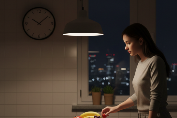 امرأة تقف في مطبخ ليلي هادئ بجانب طاولة عليها طبق فاكهة طازجة، تنظر إلى ساعة الحائط التي تشير إلى الثامنة والنصف مساءً بتعابير تملؤها الحيرة، مع إضاءة دافئة ومساحة فارغة للتصميم.
