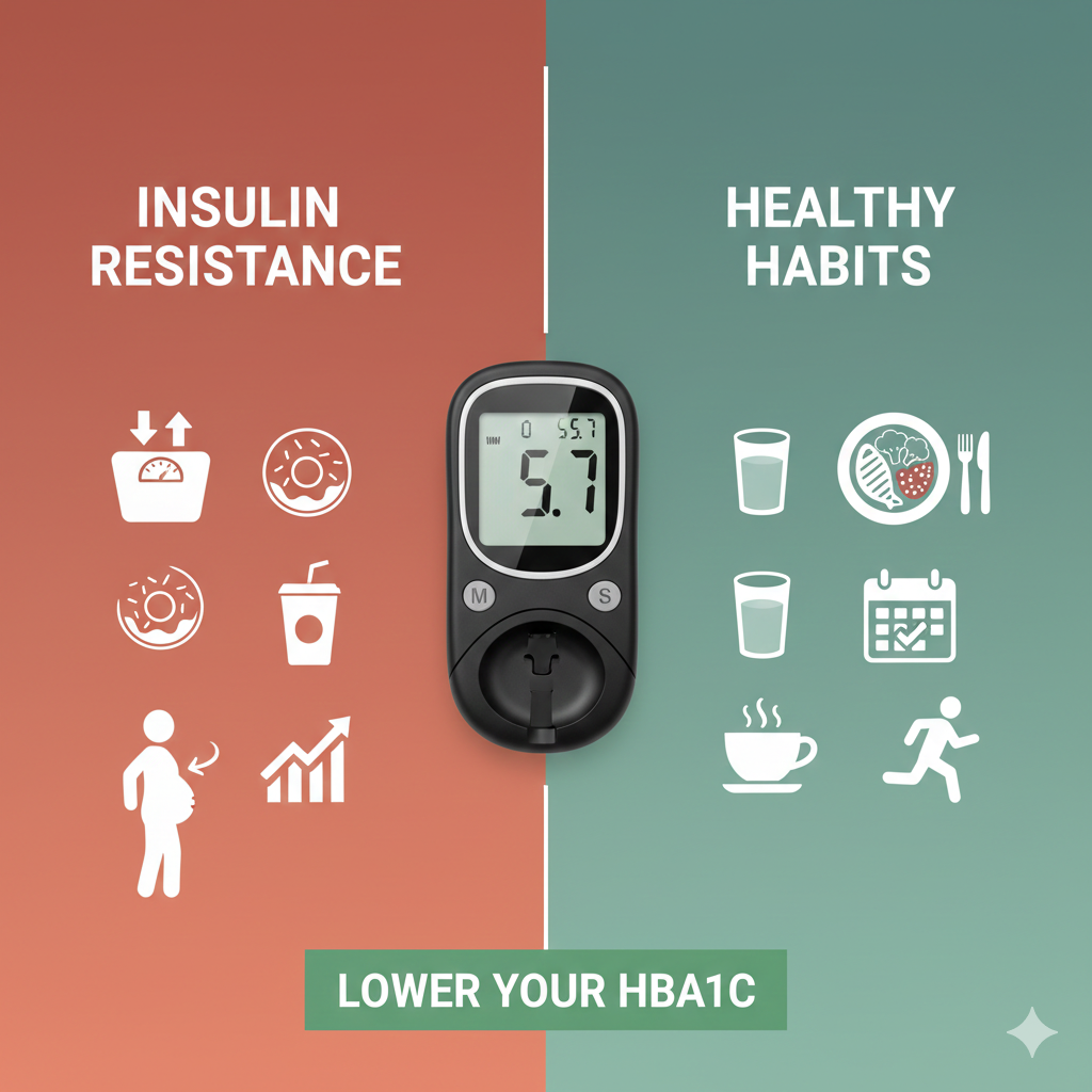 مجموعة صور تشمل أطعمة صحية مثل الخضروات والحبوب الكاملة، وجهاز قياس السكر، وشخص يمارس الرياضة، تعبيراً عن طرق خفض السكر التراكمي وعلاج مقاومة الإنسولين.