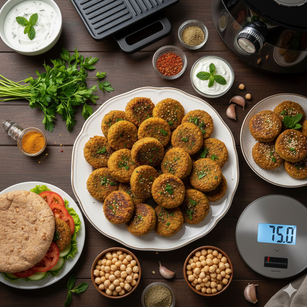 طبق فلافل شهي ومنسق مع خضروات طازجة وطحينة وميزان صغير يرمز للرشاقة والدايت