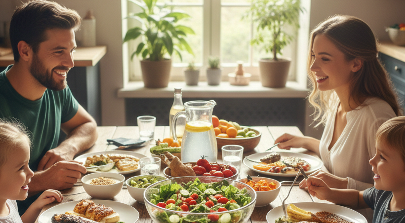 عائلة سعيدة تتناول وجبة غداء صحية غنية بالخضروات والفواكه لتحسين الهضم.