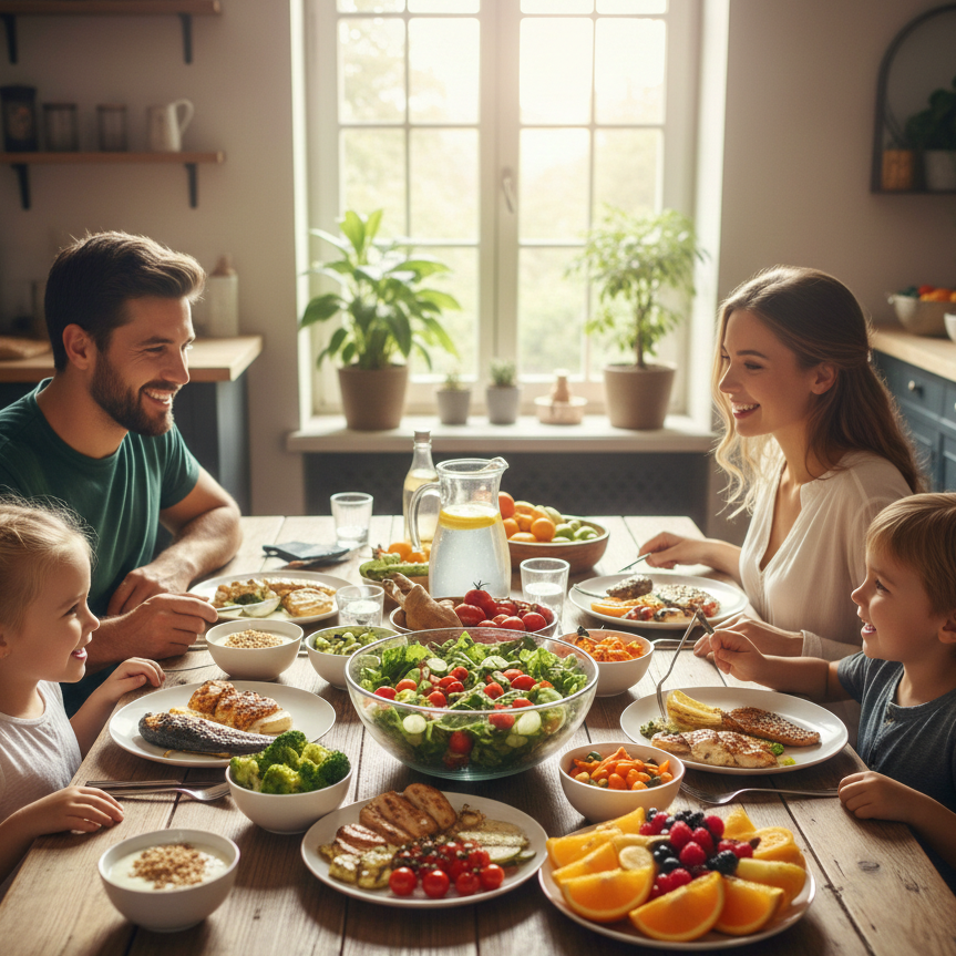 عائلة سعيدة تتناول وجبة غداء صحية غنية بالخضروات والفواكه لتحسين الهضم.