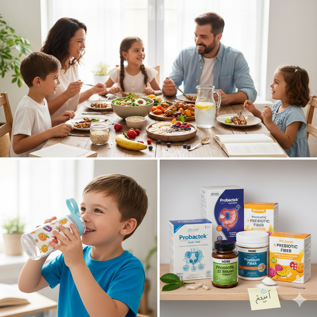مجموعة صور تجمع بين عائلة تتناول طعاماً صحياً، طفل يشرب الماء، ومنتجات مكملات غذائية لتحسين الهضم.