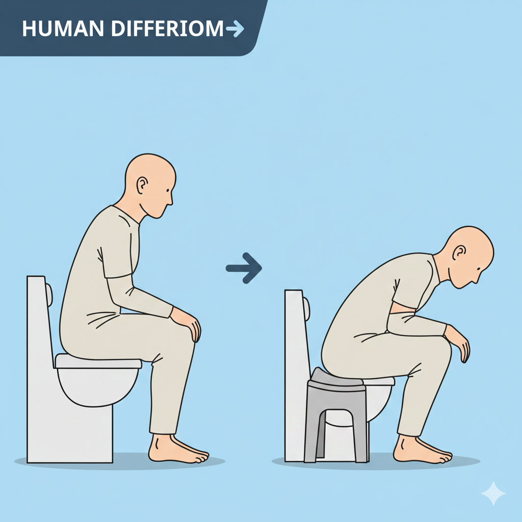 وضعية التبرز الصحيحة باستخدام مسند القدمين للمرحاض لتسهيل خروج البراز وتقليل الإمساك