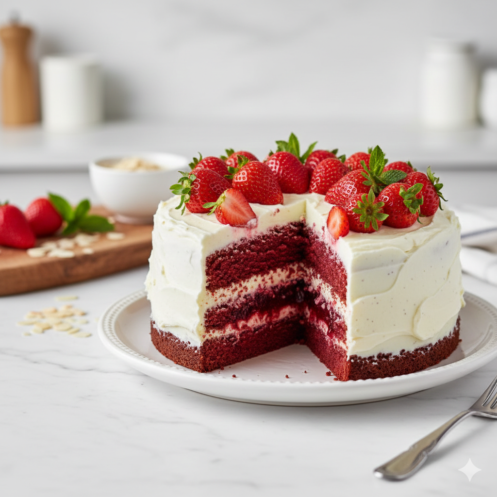 كيكة رد فلفت صحية بطبقات الكريمة البيضاء ومربى التوت والفراولة الطازجة.