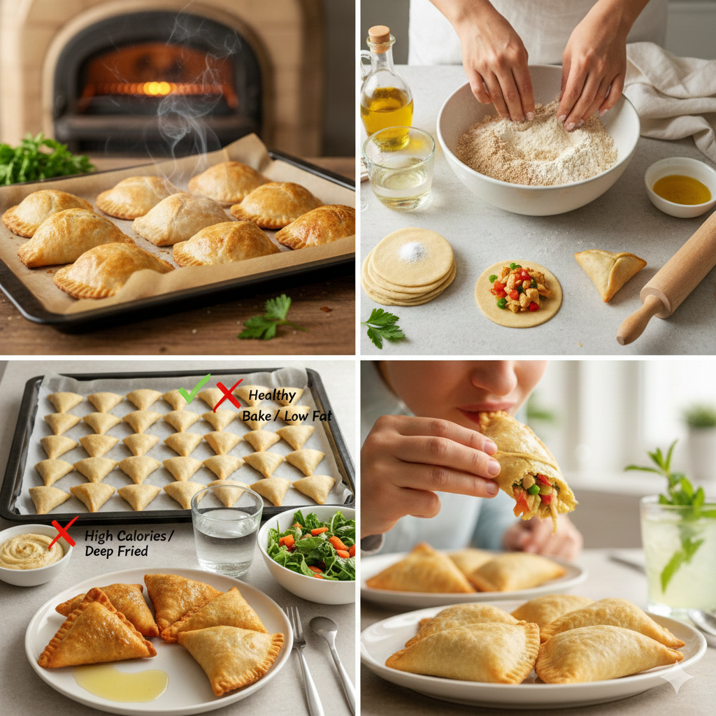 لوحة تجميعية توضح خطوات عمل السمبوسة الصحية: العجن بالدقيق الأسمر، حشو العجينة بالخضروات والدجاج، صينية سمبوسة في الفرن، وتقديم السمبوسة المقرمشة والذهبية