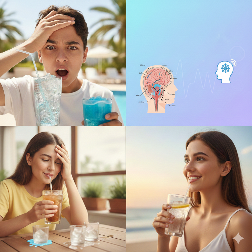 شاب وفتاة يعانيان من صداع مفاجئ (Brain Freeze) بسبب شرب سوائل مثلجة، مع رسم توضيحي يوضح تأثير البرودة على الرأس.