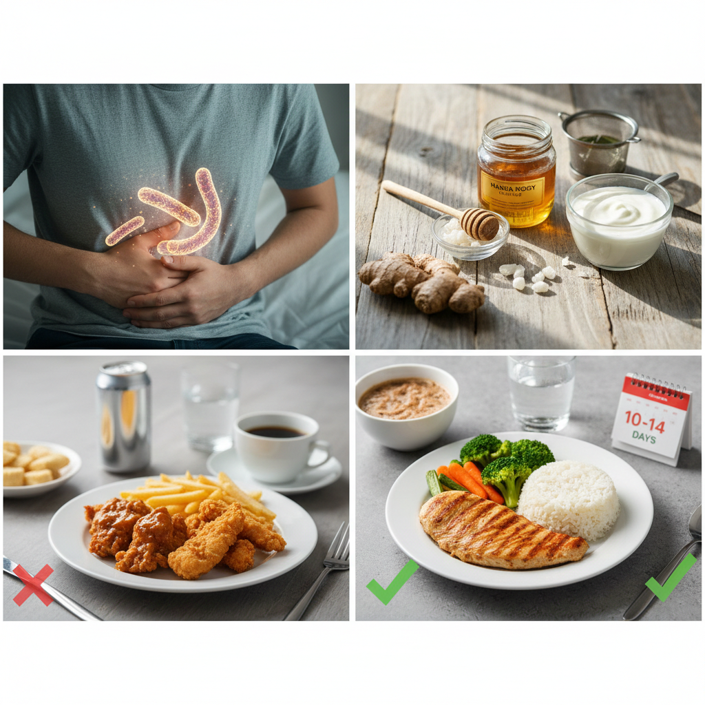 لوحة توضيحية لجرثومة المعدة: تشمل شخصاً يعاني من ألم البطن، أطعمة طبيعية مساعدة مثل العسل والزبادي، ومقارنة بين الوجبات الممنوعة والمسموحة لمرضى الجهاز الهضمي.