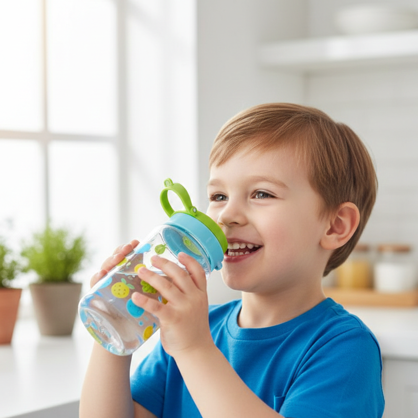 طفل مبتسم يشرب الماء من زجاجة ملونة في مطبخ مشرق لتعزيز الهضم الصحي.