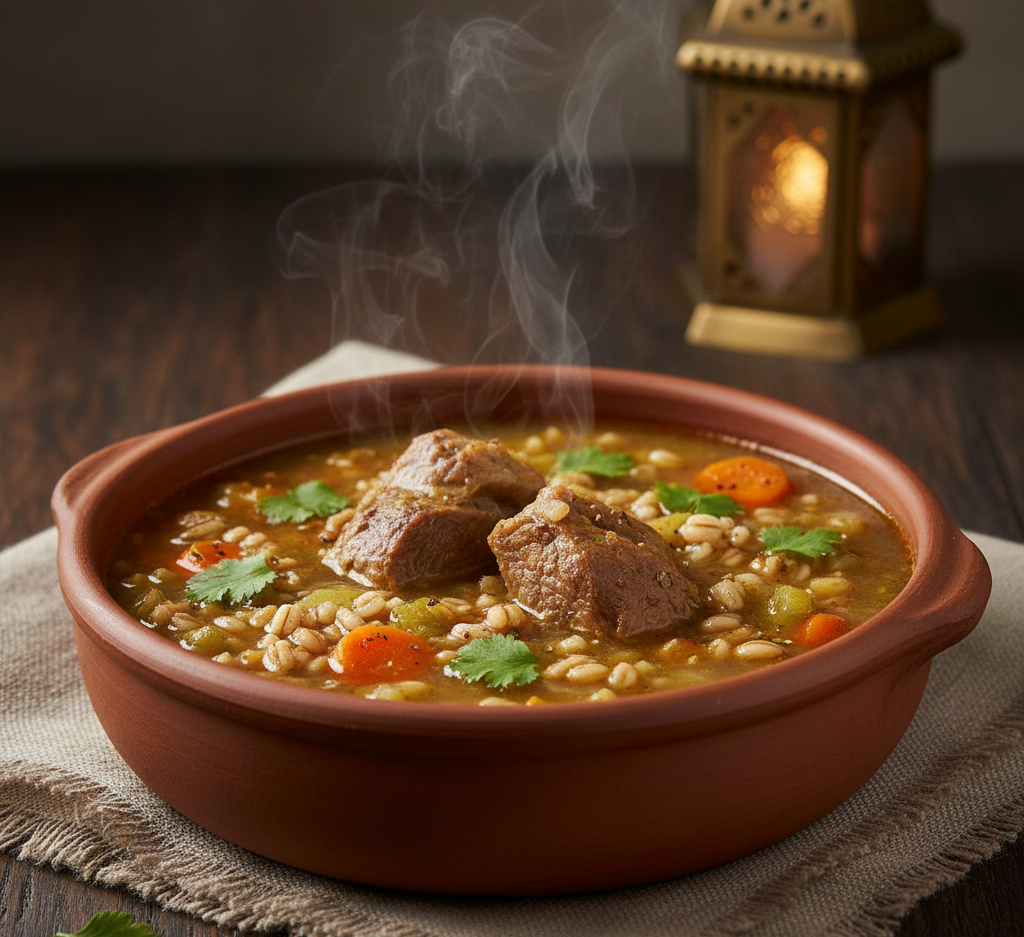 وعاء فخاري يحتوي على شوربة حبوب ساخنة مع قطع لحم وخضروات وبخار متصاعد.