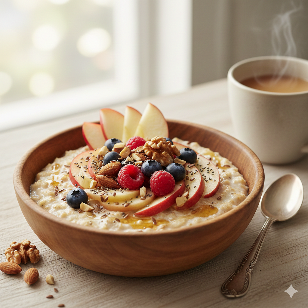 وعاء من الشوفان الصحي مزين بالتفاح والتوت والمكسرات وبذور الشيا على طاولة خشبية، وجبة إفطار لخفض الكوليسترول.