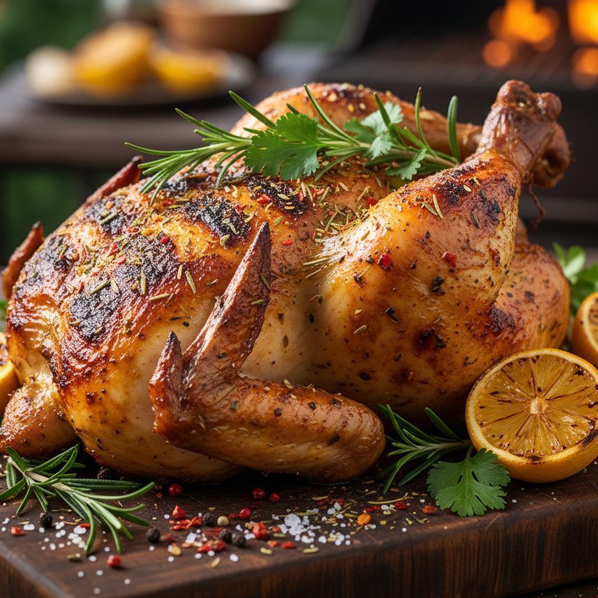 صورة لدجاجة كاملة مشوية ذات لون ذهبي محمر، مزينة بأعشاب الطازجة مثل الروزماري والكزبرة، مع قطع ليمون مشوية على لوح خشبي.