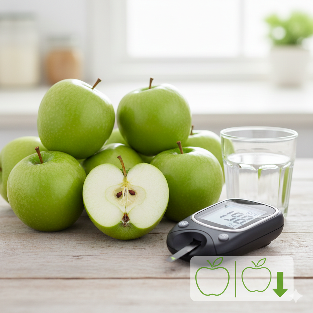 صورة مقارنة بين التفاح الأخضر والأحمر مع جهاز قياس السكر، توضح الخيارات الصحية لمرضى السكري