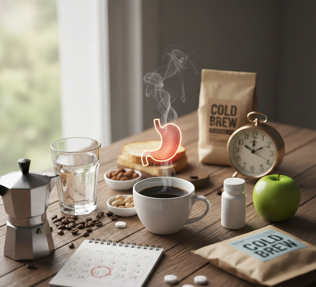 تكوين فني يجمع بين فنجان قهوة ساخن على طاولة خشبية، مع رمز توضيحي للمعدة يخرج منه بخار، بجانب كوب ماء، تفاحة خضراء، مكسرات، وساعة منبه تشير إلى وقت الصباح، لتمثيل علاقة القهوة بالحموضة وصحة الجهاز الهضمي.