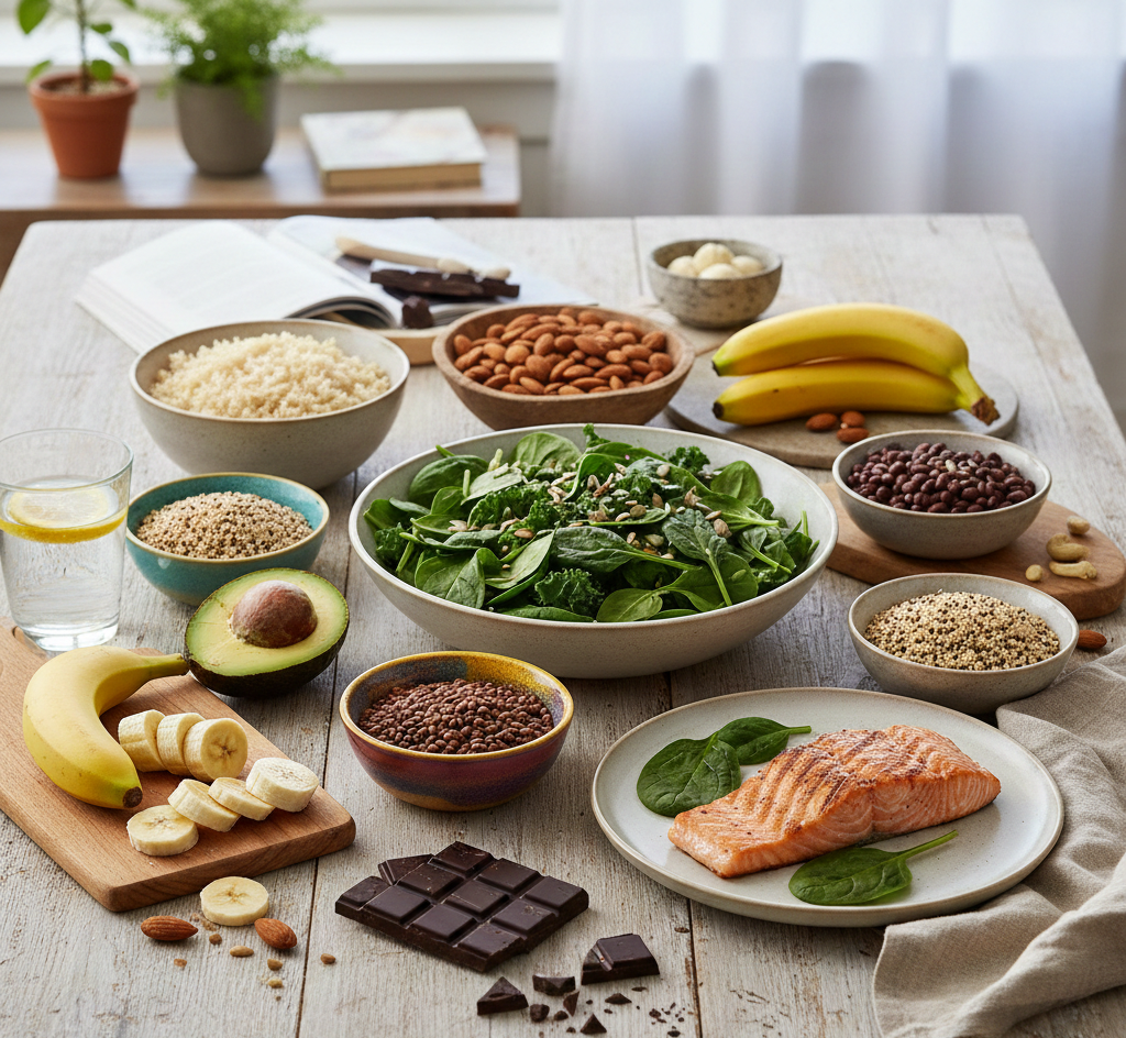 مجموعة متنوعة من الأطعمة الغنية بالمغنيسيوم تشمل السبانخ، الموز، الأفوكادو، المكسرات، السلمون، والشوكولاتة الداكنة.
