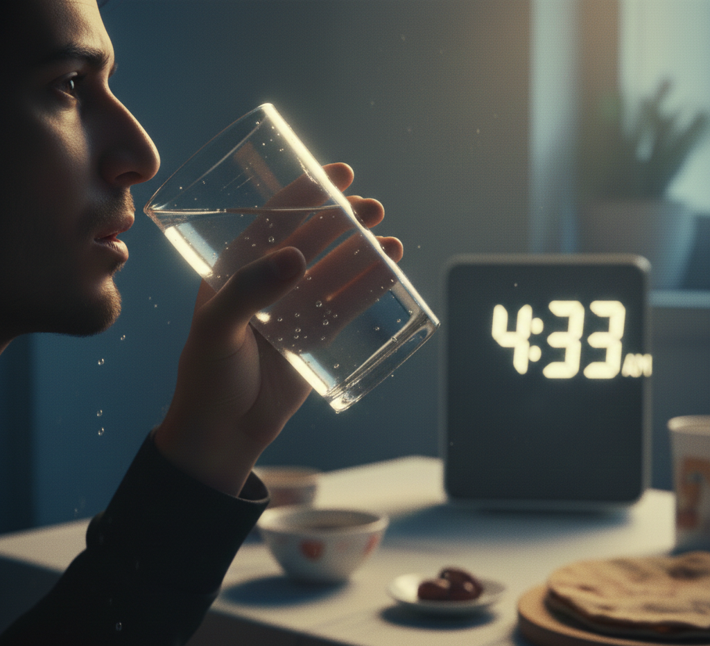 شخص يشرب الماء بسرعة من كوب زجاجي وبجانبه ساعة رقمية تشير إلى وقت السحور المتأخر قبل الأذان.