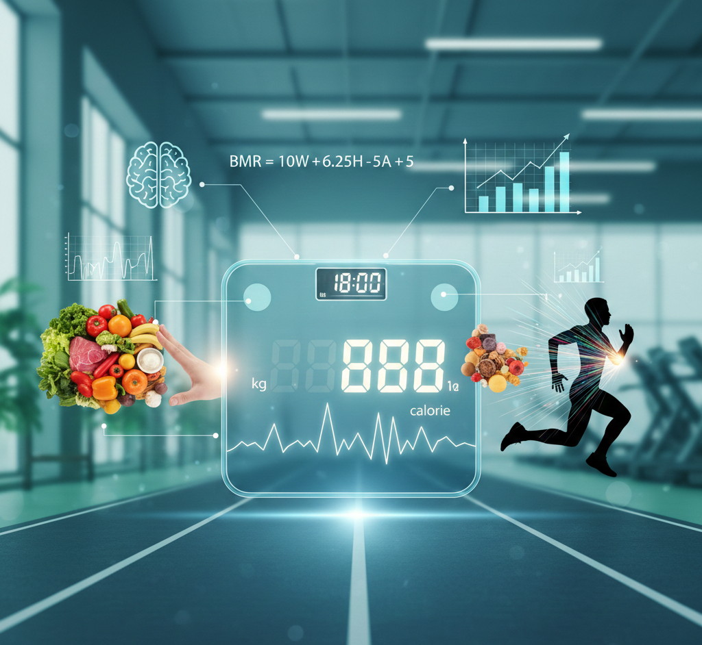 انفوجرافيك يوضح معادلة حساب السعرات الحرارية BMR مع ميزان رقمي وأطعمة صحية وشخص يمارس الرياضة لإنقاص الوزن.