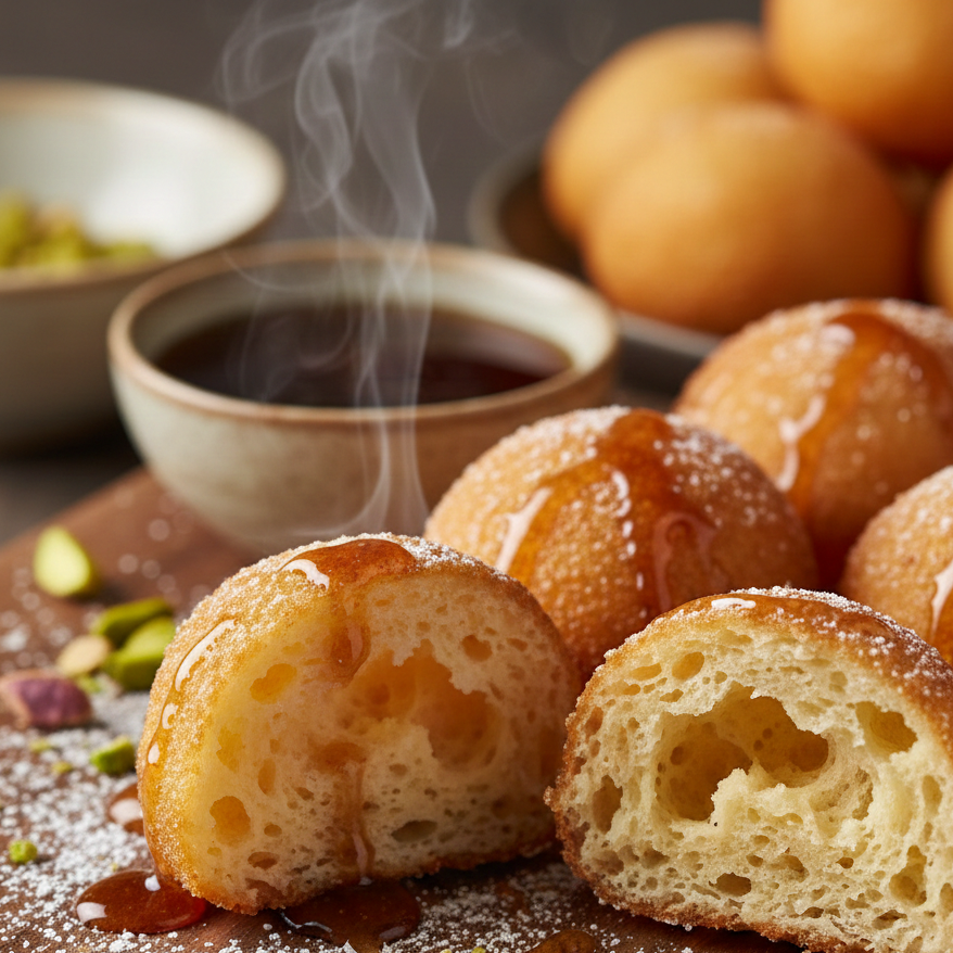 صورة قريبة للقيمات مقطوعة من المنتصف تظهر الفراغات الهوائية والهشاشة الداخلية مع طبقة خارجية مقرمشة مغطاة بالعسل