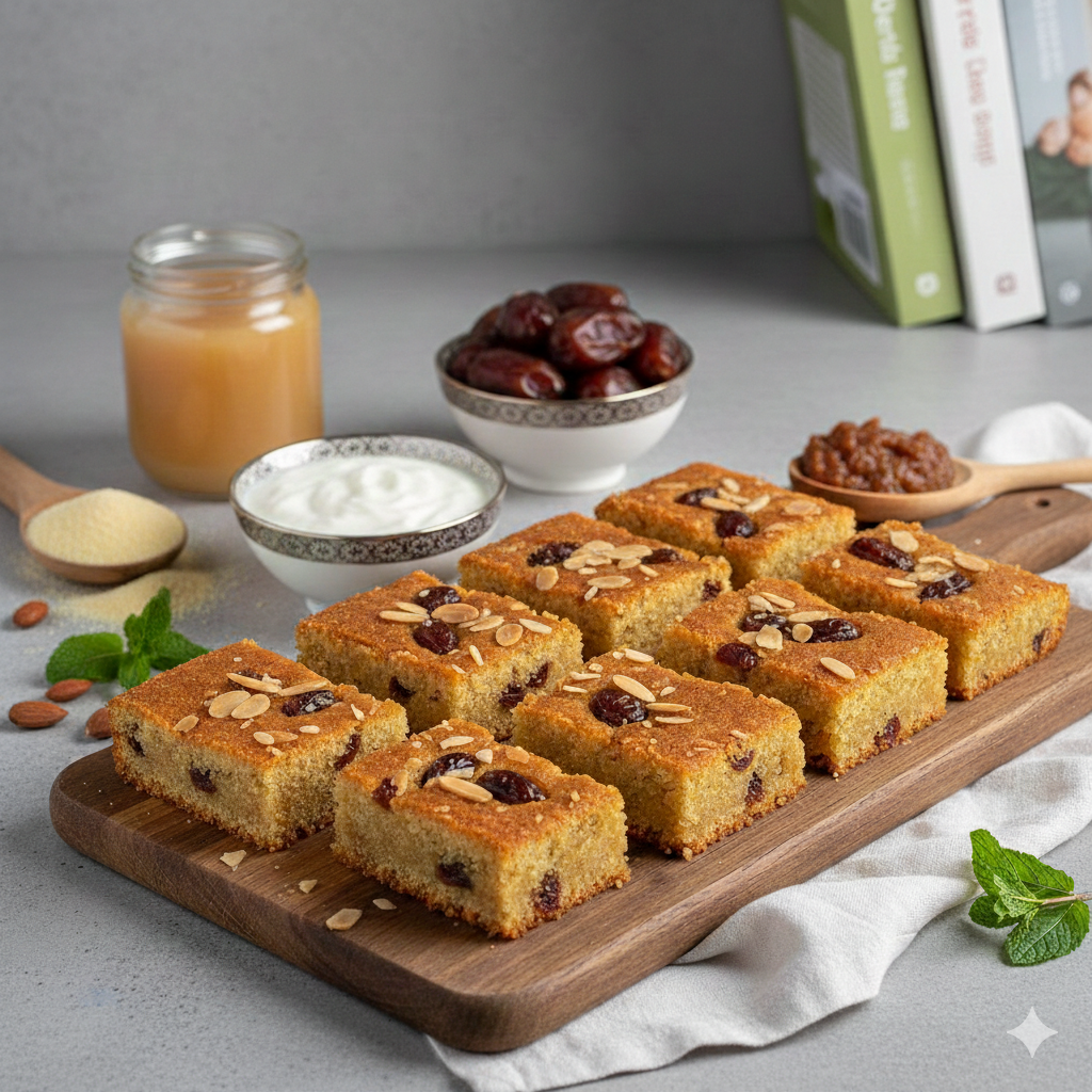 صورة بسبوسة صحية للرجيم بالتمر والسميد، مقطعة إلى مربعات ومزينة باللوز، مع مكونات طبيعية مثل التمر والزبادي على طاولة خشبية.