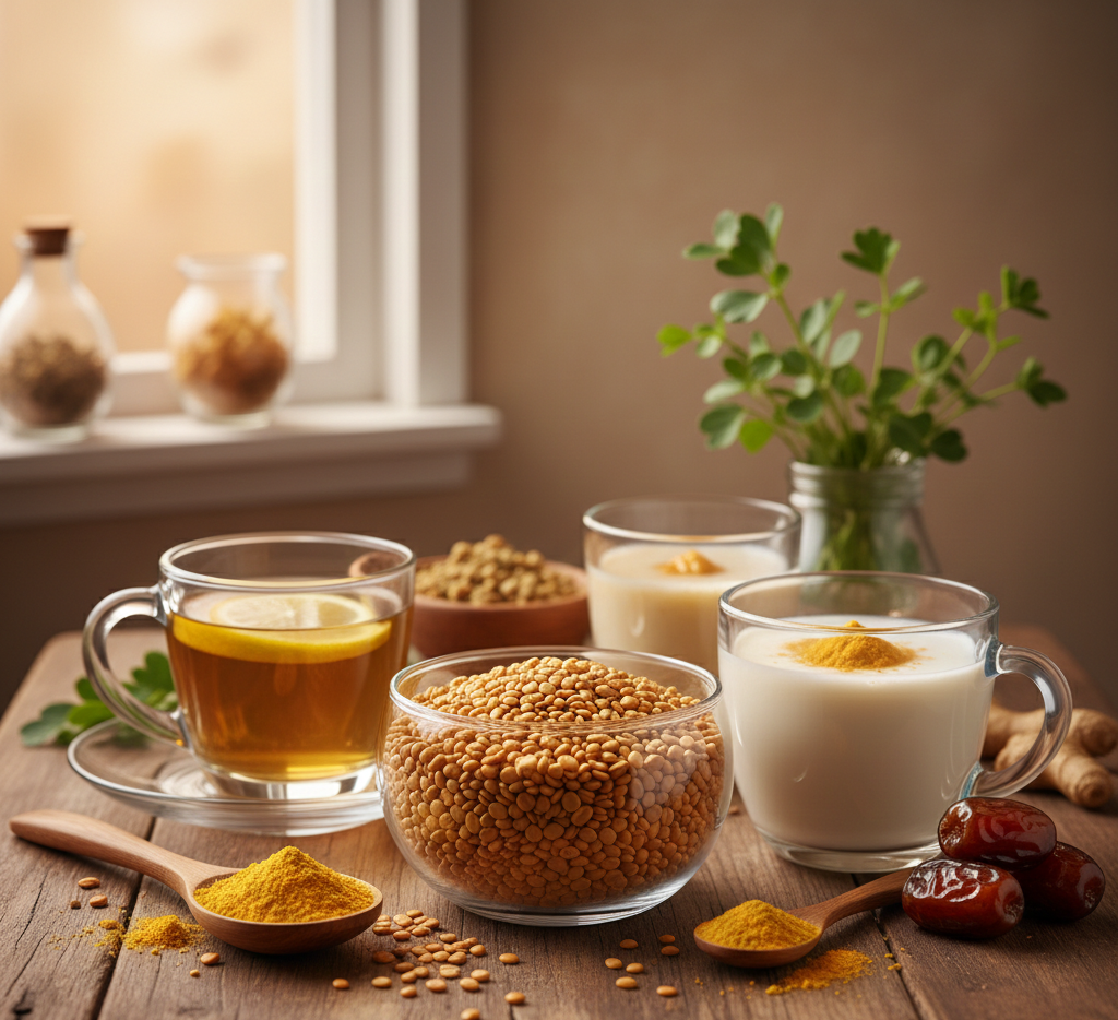 مجموعة متنوعة من طرق تحضير الحلبة تشمل بذور الحلبة الذهبية، مسحوق الحلبة، كوب حليب بالحلبة للتسمين، وكوب منقوع الحلبة بالليمون للتخسيس على طاولة خشبية دافئة.