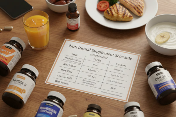 مجموعة من عبوات المكملات الغذائية (فيتامين د، حديد، أوميجا 3، ماغنيسيوم، وزنك) مرتبة على طاولة خشبية بجانب وجبات صحية وجدول زمني مطبوع ينظم توقيت تناولها في رمضان.