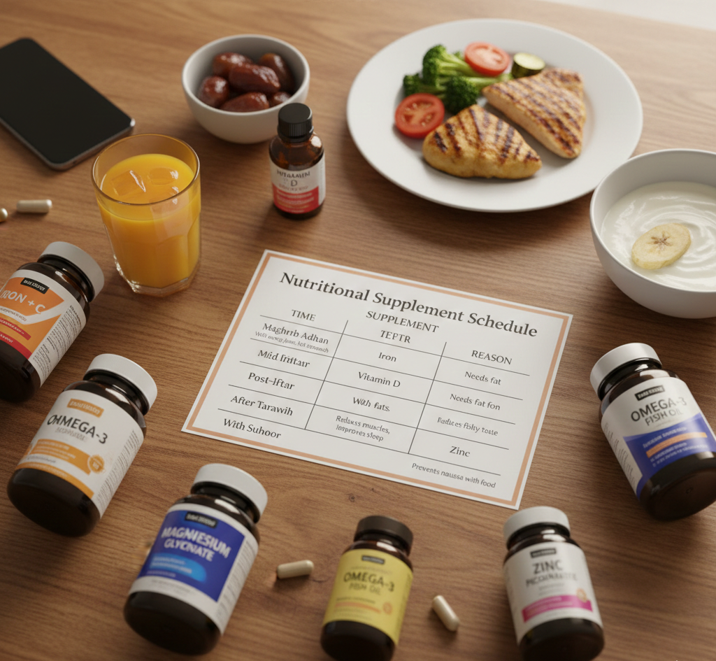 مجموعة من عبوات المكملات الغذائية (فيتامين د، حديد، أوميجا 3، ماغنيسيوم، وزنك) مرتبة على طاولة خشبية بجانب وجبات صحية وجدول زمني مطبوع ينظم توقيت تناولها في رمضان.