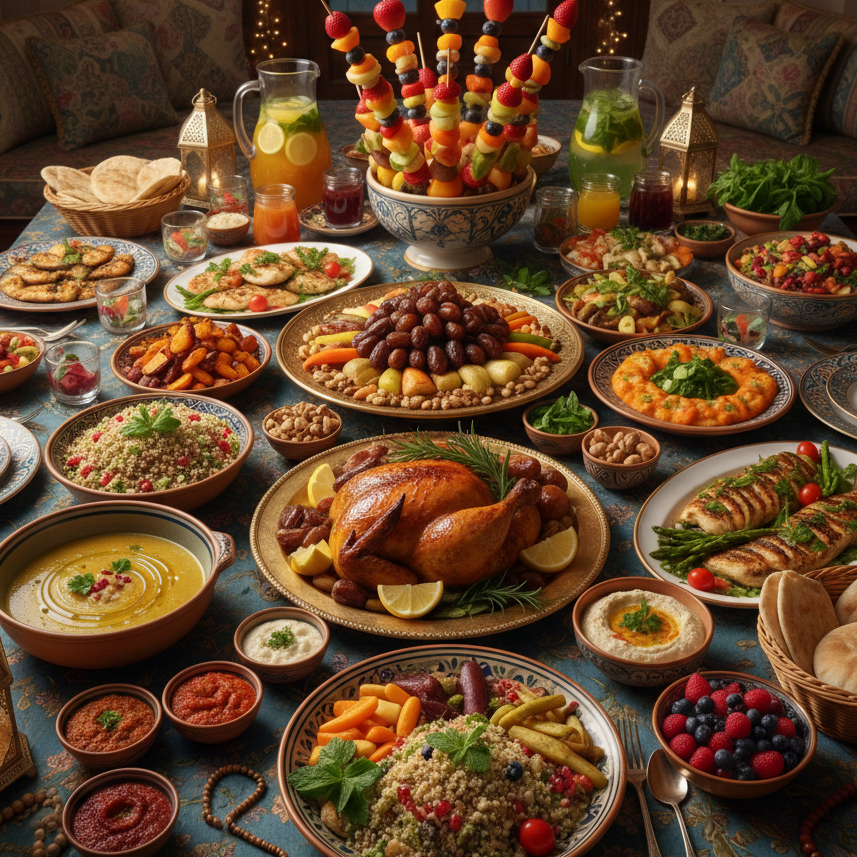 صورة علوية لمائدة إفطار رمضانية عامرة بأطباق صحية متنوعة تشمل الدجاج المشوي، السلطات الخضراء، الفواكه، والشوربات مع فوانيس ديكور.
