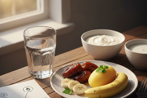 وجبة سحور صحية تحتوي على الموز والتمر والزبادي مع كوب من الماء، بجانبها رسم توضيحي يشرح موازنة السوائل في الجسم