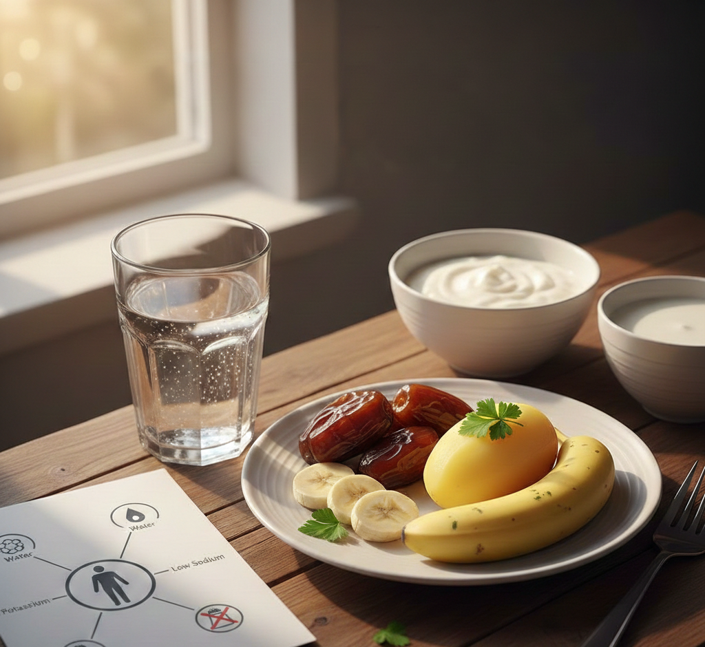 وجبة سحور صحية تحتوي على الموز والتمر والزبادي مع كوب من الماء، بجانبها رسم توضيحي يشرح موازنة السوائل في الجسم