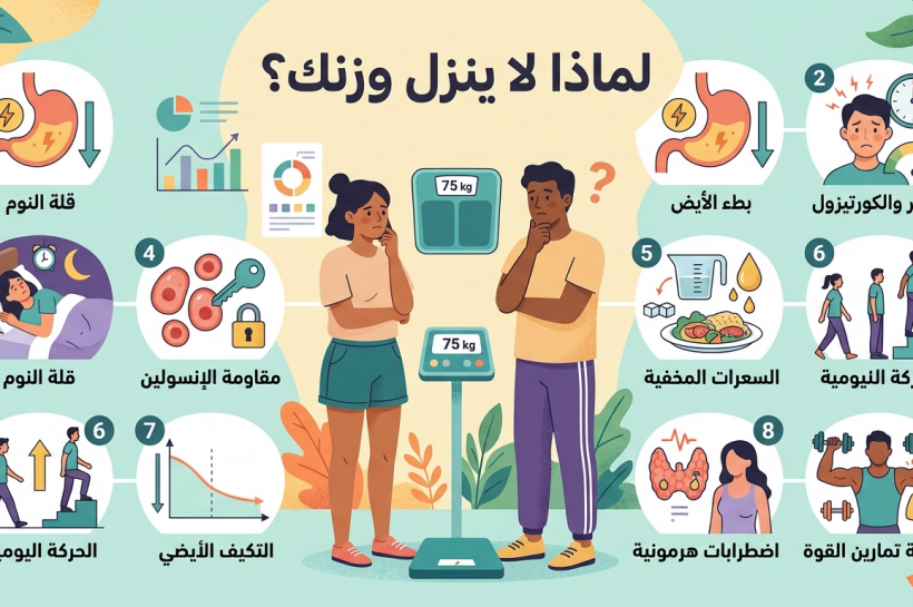 انفوجرافيك يوضح 9 أسباب علمية لثبات الوزن وعدم نزوله رغم قلة الأكل لمدونة غذائي صحتي.