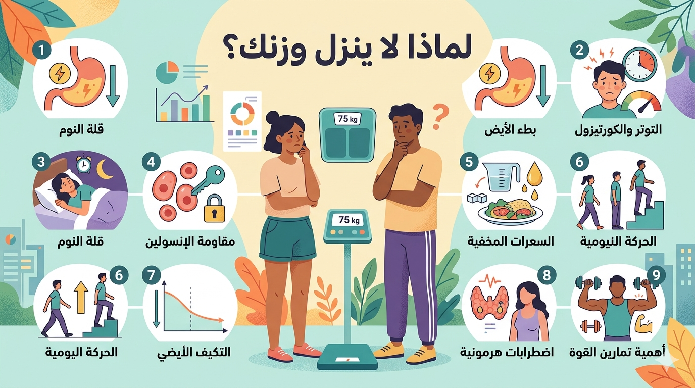 انفوجرافيك يوضح 9 أسباب علمية لثبات الوزن وعدم نزوله رغم قلة الأكل لمدونة غذائي صحتي.