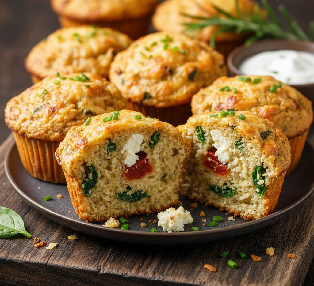 كب كيك مالح مقطوع يظهر الجبن الذائب والحشوة الداخلية من الخضروات.