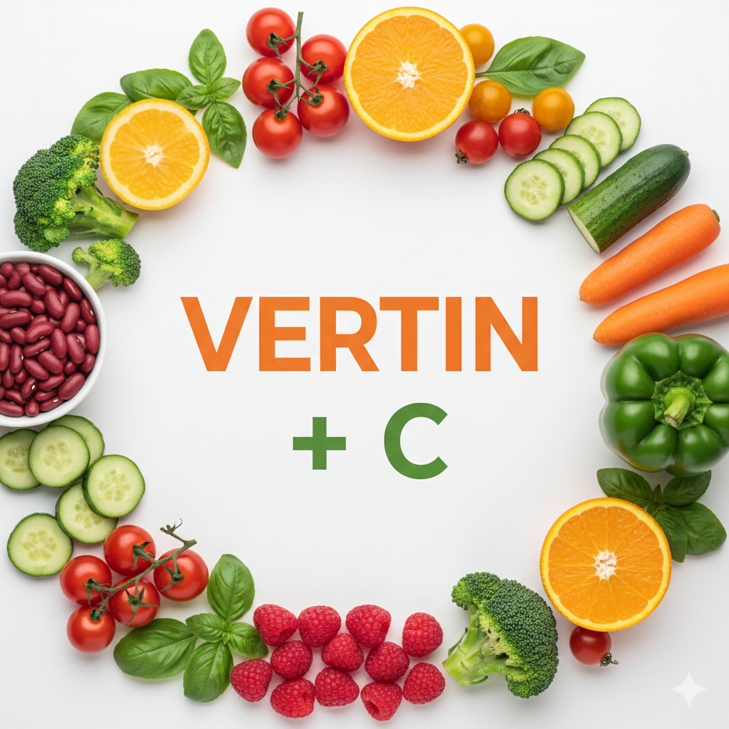 مزيج من الأطعمة الغنية بالحديد مثل السبانخ واللحوم مع الحمضيات الغنية بفيتامين سي، مكتوب عليها عبارة "Iron + Vitamin C" بشكل أنيق