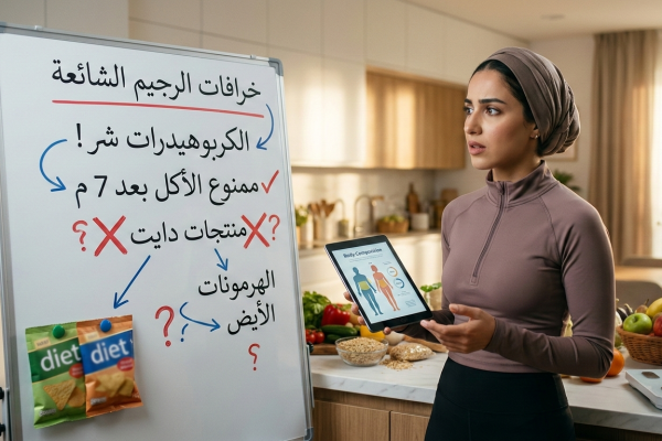 شابة محجبة في مطبخ حديث، تقف بجوار لوحة بيضاء مكتوب عليها "خرافات الرجيم الشائعة"، وتحمل تابلت يعرض رسمًا بيانيًا لتركيب الجسم.
