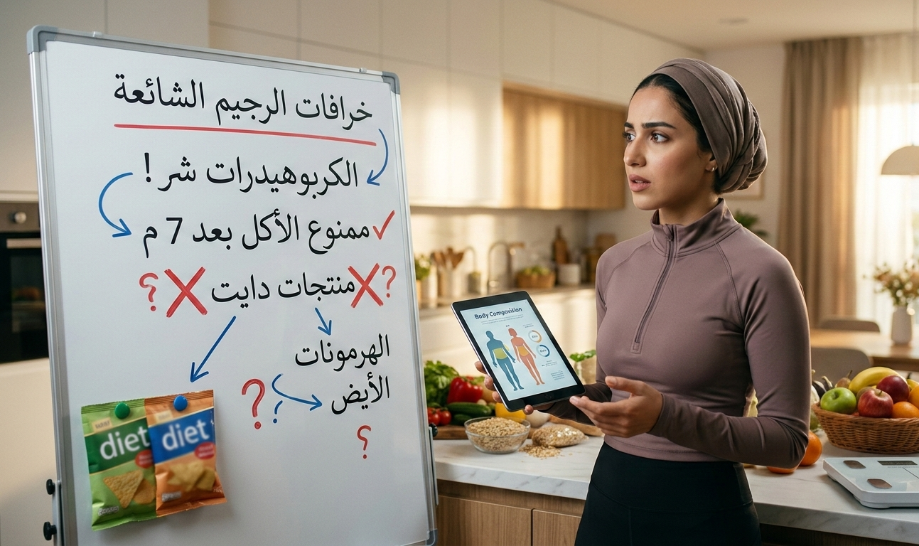 شابة محجبة في مطبخ حديث، تقف بجوار لوحة بيضاء مكتوب عليها "خرافات الرجيم الشائعة"، وتحمل تابلت يعرض رسمًا بيانيًا لتركيب الجسم.