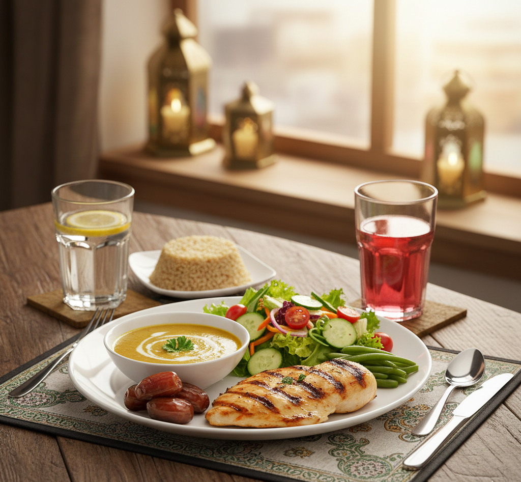 وجبة إفطار رمضانية صحية متكاملة تتكون من صدر دجاج مشوي، شوربة عدس، سلطة خضراء طازجة، حبات تمر، وماء على طاولة خشبية بتصميم رمضاني.