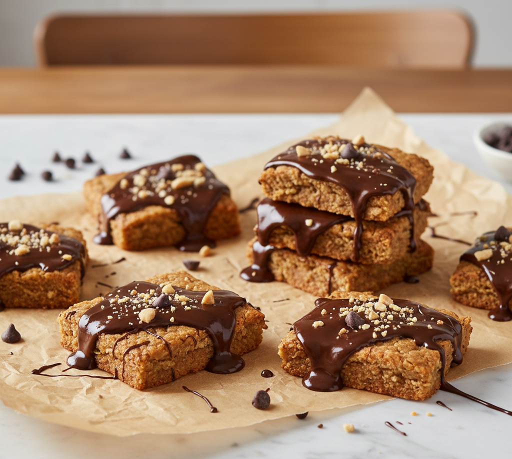 قطع بسكويت مربعة مصنوعة من دقيق اللوز ومغطاة بالشوكولاتة الداكنة على ورق زبدة.