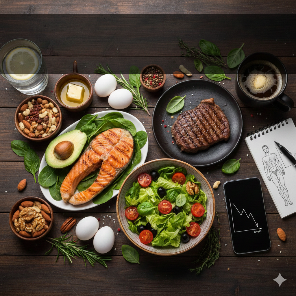 مجموعة متنوعة من أطعمة الكيتو دايت تشمل السلمون المشوي، الأفوكادو، البيض، اللحوم، والخضروات الورقية مرتبة بشكل جذاب على طاولة خشبية مع ميزان يعبر عن الرشاقة