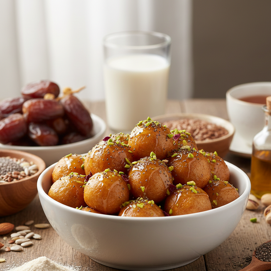 طبق من اللقيمات المصنوعة من دقيق الشوفان، محاطة ببذور الشيا، التمر، اللوز، ودقيق الشوفان الخام على سطح خشبي.