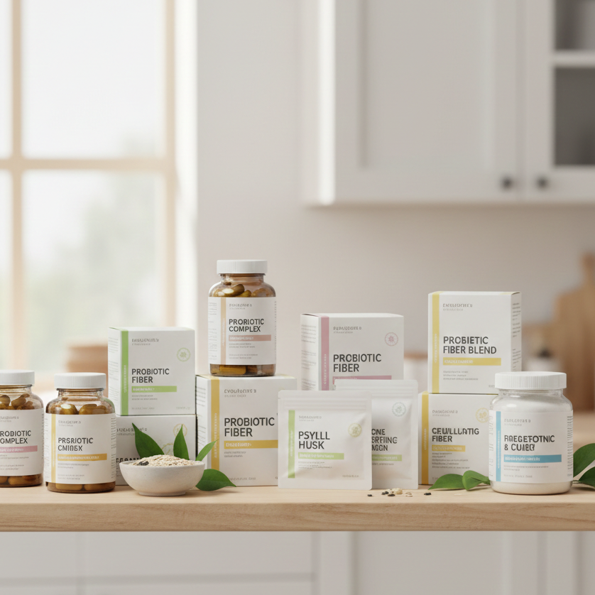 عبوات مكملات غذائية للبروبيوتيك وألياف السيلليوم مرتبة على طاولة خشبية في مطبخ هادئ.