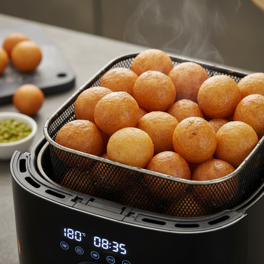 سلة قلاية هوائية تحتوي على كرات لقيمات ذهبية ناضجة، ويظهر في الواجهة شاشة رقمية تضبط الحرارة على 180 درجة مئوية.