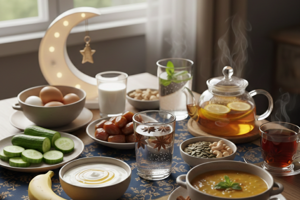 مائدة رمضانية صحية تحتوي على عناصر السحور والإفطار: تمر، خيار، زبادي، بيض، موز، ومشروبات عشبية دافئة مع ديكور هلال مضيء.