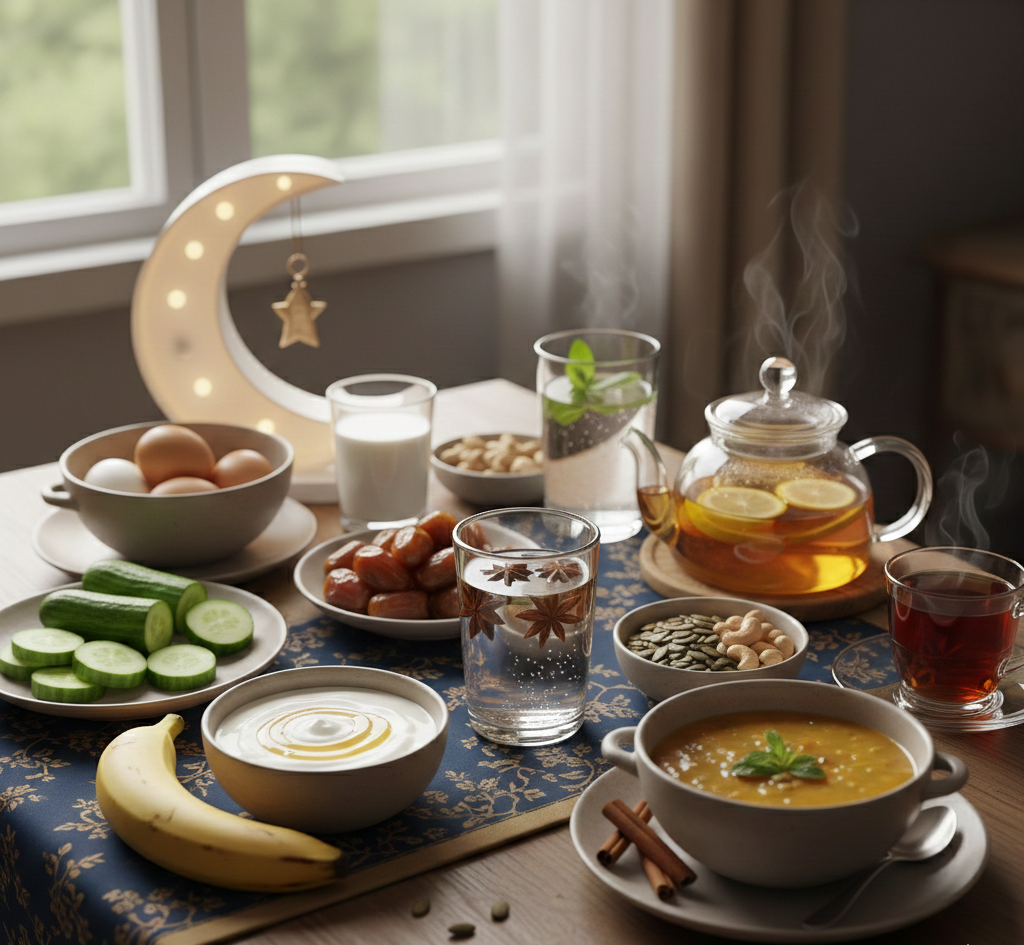 مائدة رمضانية صحية تحتوي على عناصر السحور والإفطار: تمر، خيار، زبادي، بيض، موز، ومشروبات عشبية دافئة مع ديكور هلال مضيء.