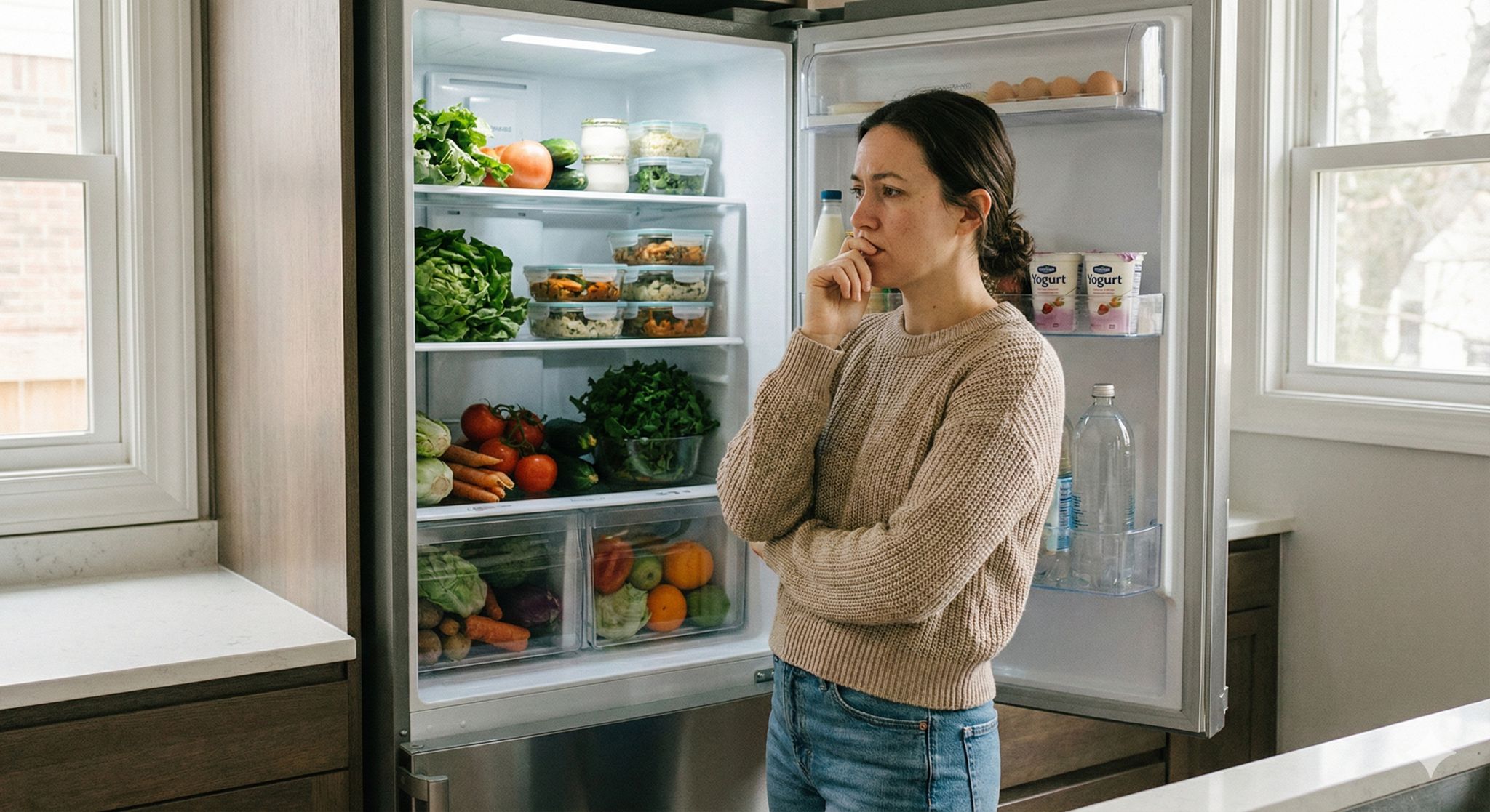 امرأة أمام الثلاجة تبحث عن الطعام، توضح الفرق بين الجوع الحقيقي والجوع الوهمي والرغبة في الأكل بوعي.