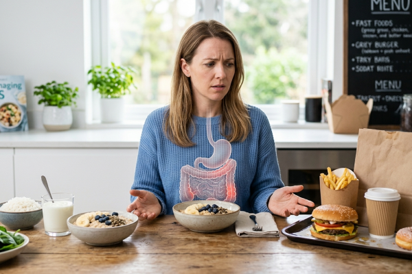 شخص يحتار بين أطعمة صحية وأطعمة مهيجة للقولون العصبي مع توضيح تأثير الغذاء على الجهاز الهضمي