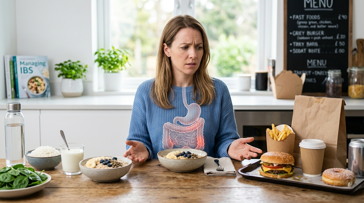 شخص يحتار بين أطعمة صحية وأطعمة مهيجة للقولون العصبي مع توضيح تأثير الغذاء على الجهاز الهضمي