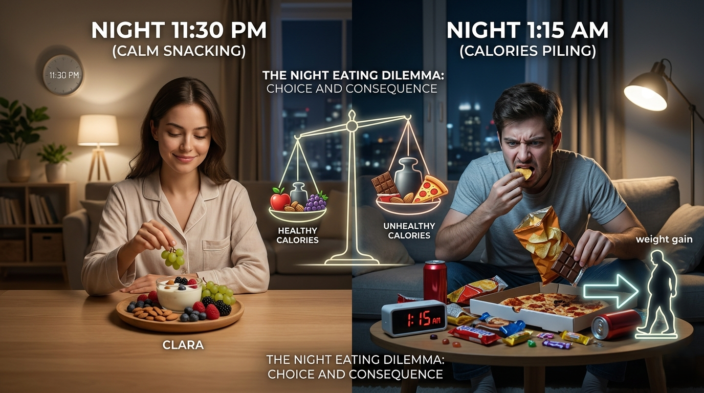 أثير الأكل الليلي على الوزن: وجبات صحية وغير صحية على طاولة ليلية