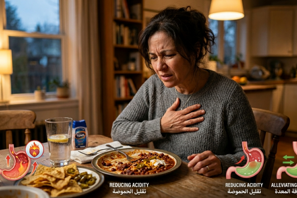 صورة مركبة تظهر امرأة تعاني من ألم في صدرها (حموضة) بعد تناول وجبة حارة، مع رسوم توضيحية أسفل الصورة تشرح حالة ارتداد الحمض في المعدة وكيفية تسكينها وتقليل الحموضة.